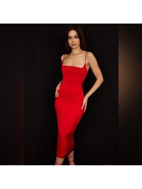 House of CB Anais red satin midi dress sz Small New